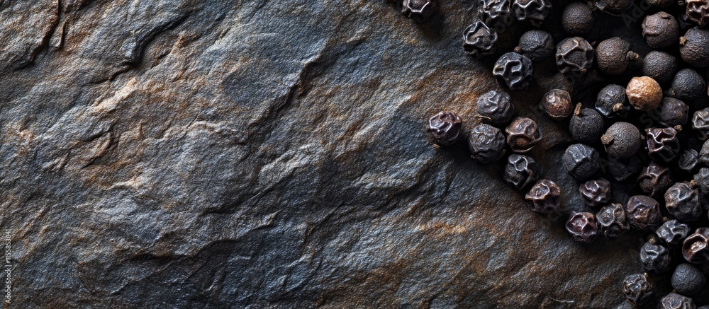 Poster black pepper berries on textured stone surface emphasizing their pungency and aroma with ample copy 