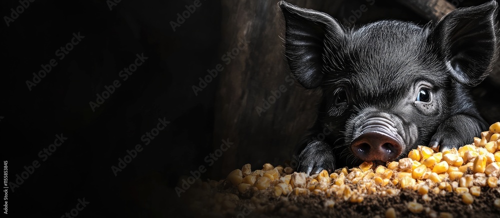 Aufkleber black piglet enjoying corn in a cozy pigsty with ample negative space for custom text or advertiseme
