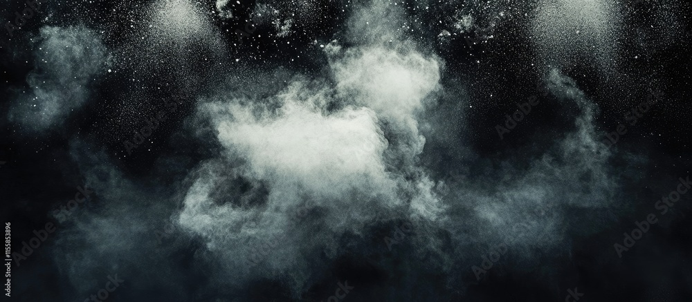 Poster dramatic black powder explosion creating dynamic smoke and dust background with empty space for text