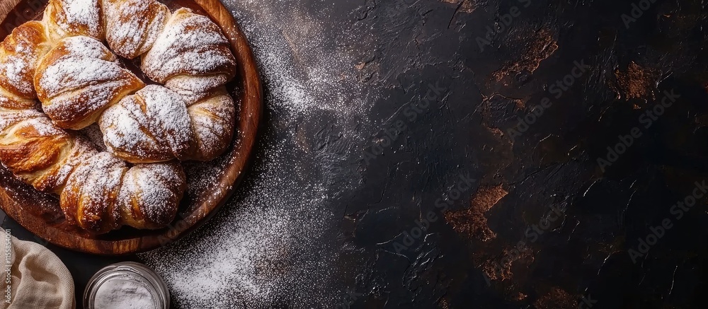 Poster braided bread and puff pancakes dusted with powdered sugar on a dark textured background with space 