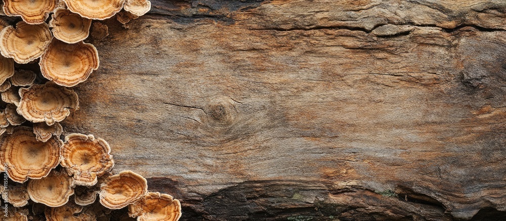 Poster bracket fungi flourishing on tree trunk with natural wood texture and ample empty space for adding t