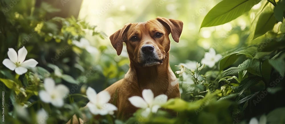 Poster brahmin dog surrounded by vibrant greenery and white flowers in a serene forest setting with ample e