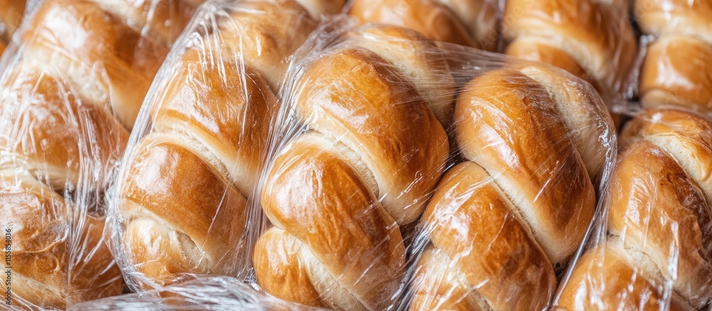 Poster braided buns wrapped in plastic at bakery with ample empty space for customizable text or advertisem