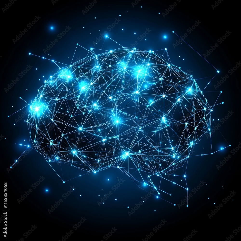 Poster machine learning, stock, ai, deep learning, blockchain, and neural network concept. a brain visualiz