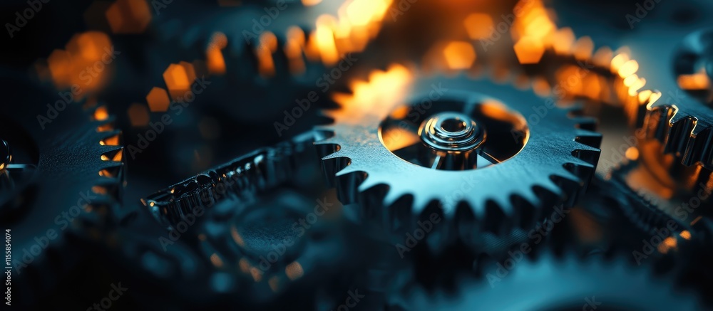 Poster business process dynamics with close-up of metallic gears symbolizing collaboration and innovation a