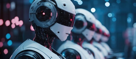 Business professionals engaging in AI technology discussions at a conference with futuristic robotic elements and space for text inclusion
