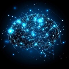 Machine learning, stock, AI, deep learning, blockchain, and neural network concept. A brain visualization with a shining wireframe net graphic on an abstract background 3d render