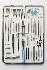 Professional Dental Instruments Neatly Positioned on a Steel Tray Against a Hygienic White Backdrop
