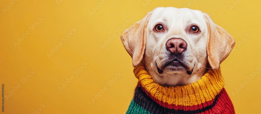 Poster cheerful dog in colorful sweater against yellow background with space for custom text or advertiseme