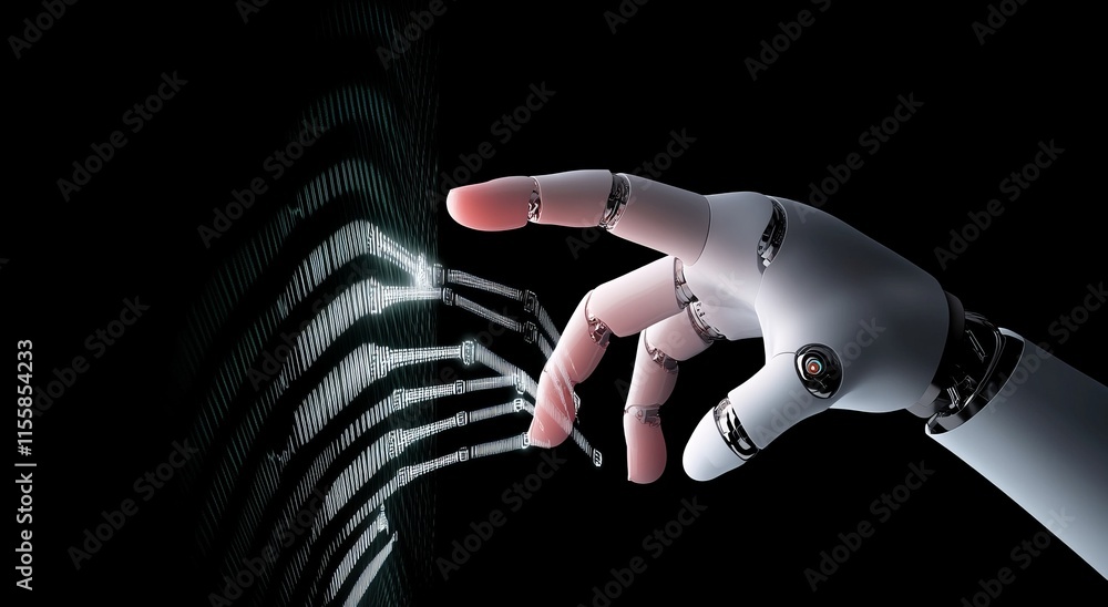 Poster robot hand and human touching a global virtual network connection in the future interface, represent