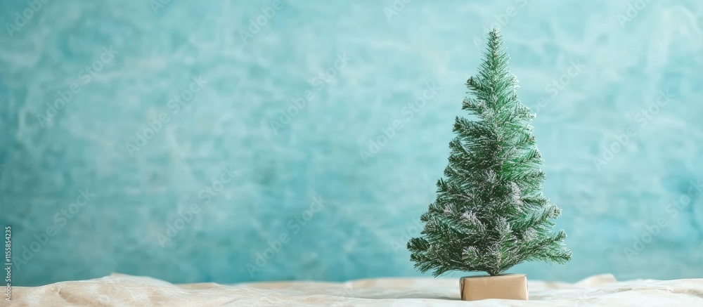 Poster cheerful miniature christmas tree on soft background with space for custom holiday message or text
