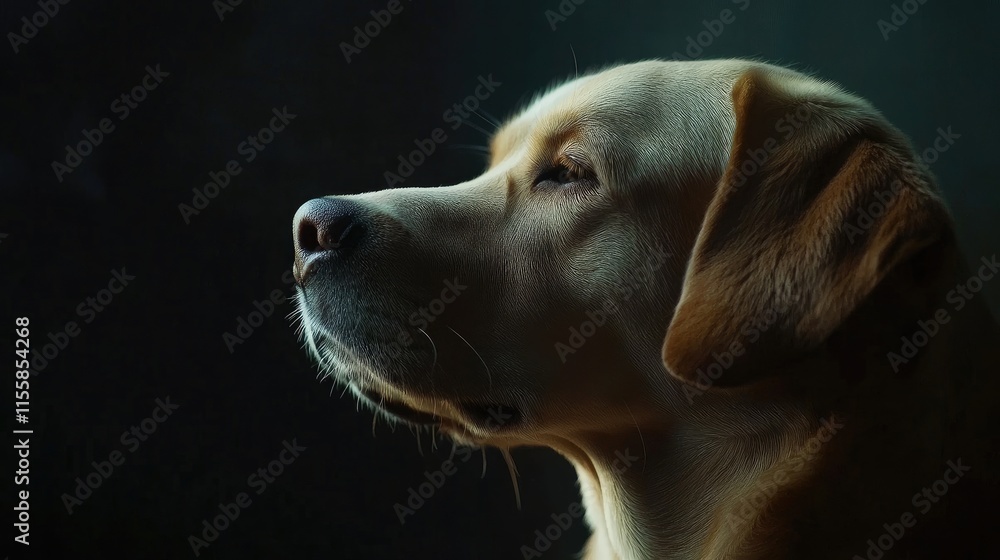 Aufkleber close up profile of a serene yellow labrador dog against a dark background with space for custom tex