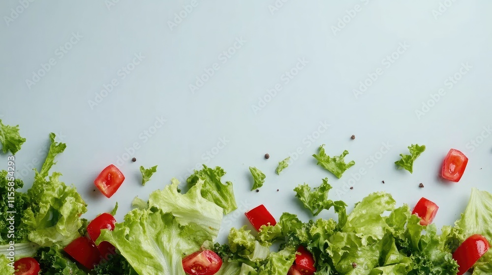 Poster fresh green salad with tomato chunks on light background with space for text or branding featuring c