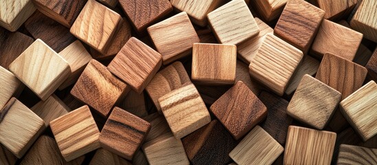 Fototapeta premium Checkerboard pattern overlaid on a collection of natural wooden cubes with ample space for customized text or branding purposes