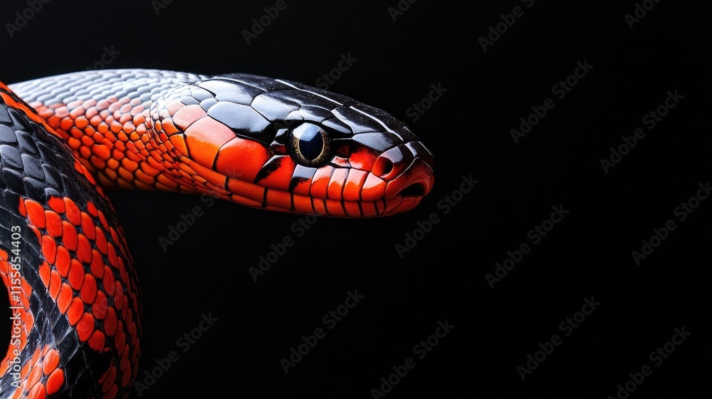 Poster close up portrait of a captivating king snake on black background with space for text or design elem