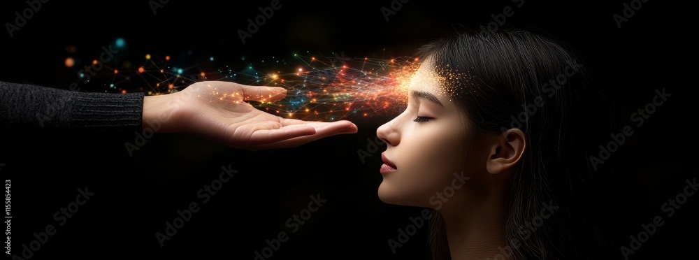 Aufkleber futuristic stock (ai) with a machine learning theme, depicting a robot's hand touching binary data