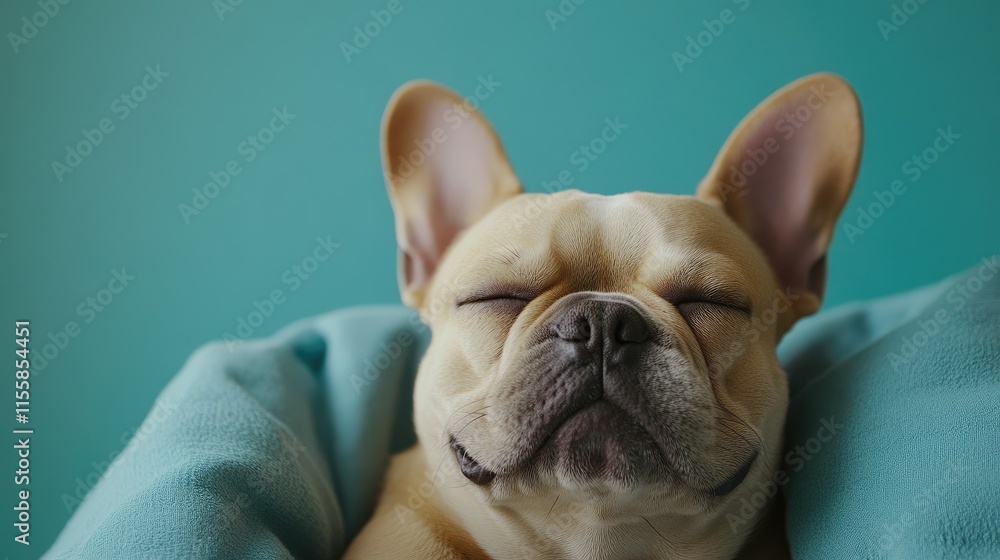 Poster close up of a relaxed french bulldog with eyes closed on a teal background creating space for text o