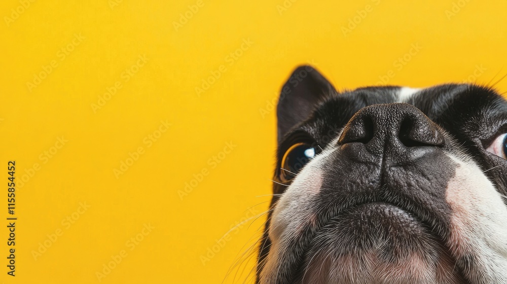 Aufkleber Close up of French Bulldog with bright yellow background and ample space for adding personalized text or branding elements