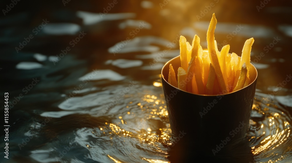Aufkleber close up of golden french fries in a metal cup floating in water with illuminated background and emp