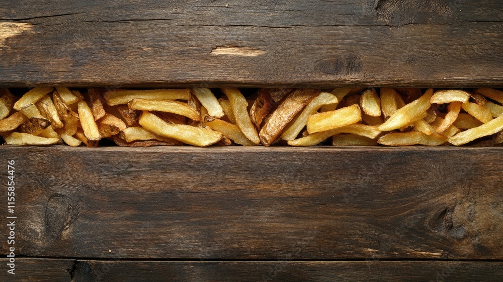 Poster french fries wedged in wooden table gap with ample empty space for text and creative designs in rust