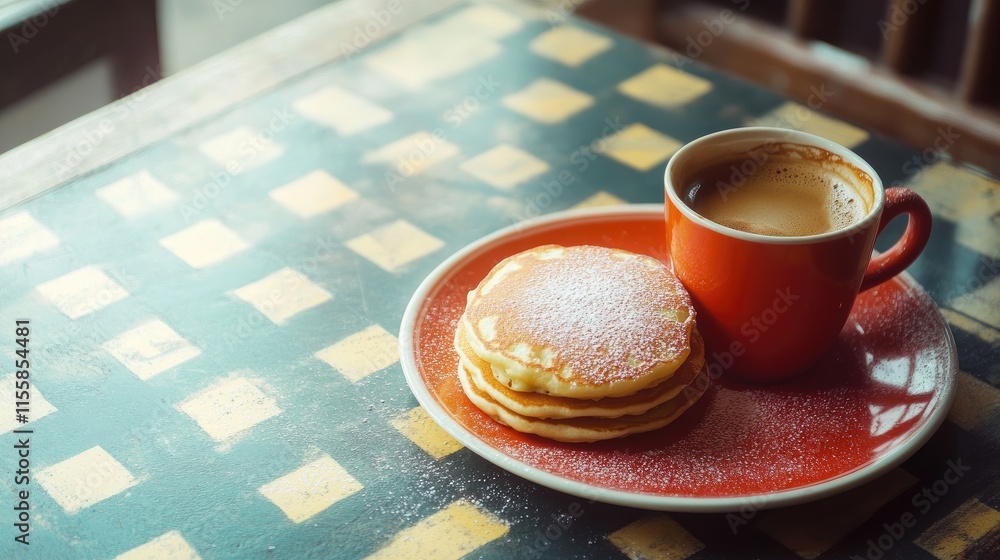 Aufkleber vintage french pancakes with coffee on a checkered table setting and empty space for text in a cozy 