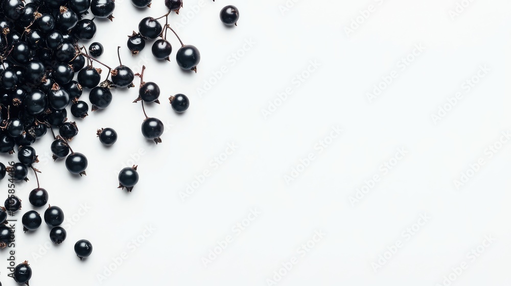 Poster fresh black currant berries on white background with empty space for text perfect for health and foo