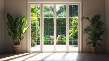 Elegant French doors opening to a lush tropical garden creating a serene indoor outdoor living space with natural light and empty text area.