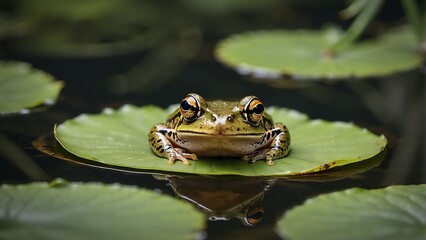  A small frog rests on a lily pad, its eyes wide as it watches the world around it