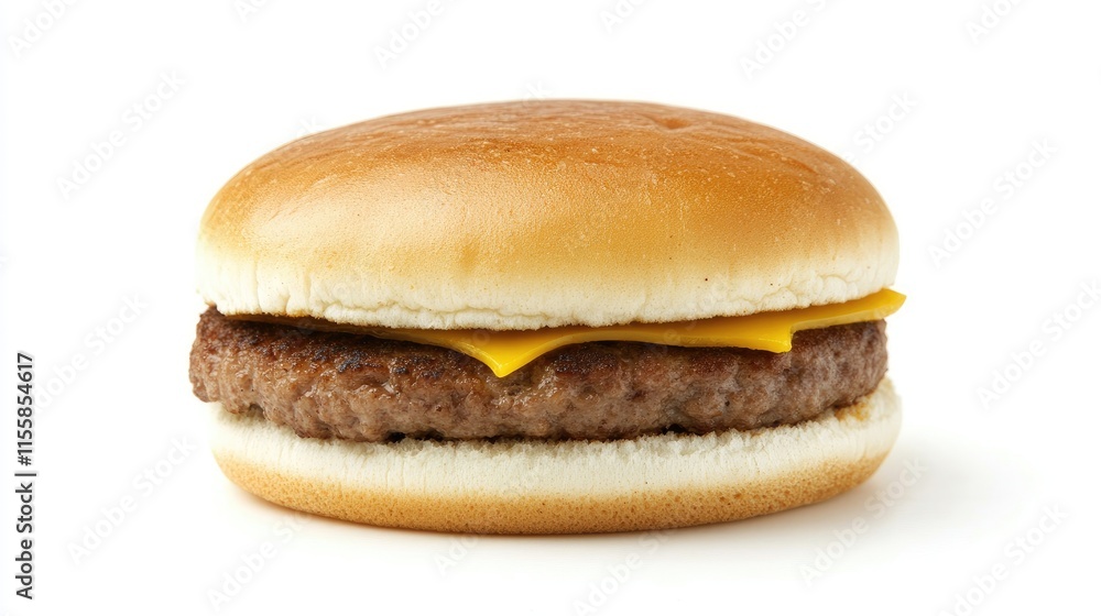Poster classic cheeseburger on white background with empty space for custom text or branding