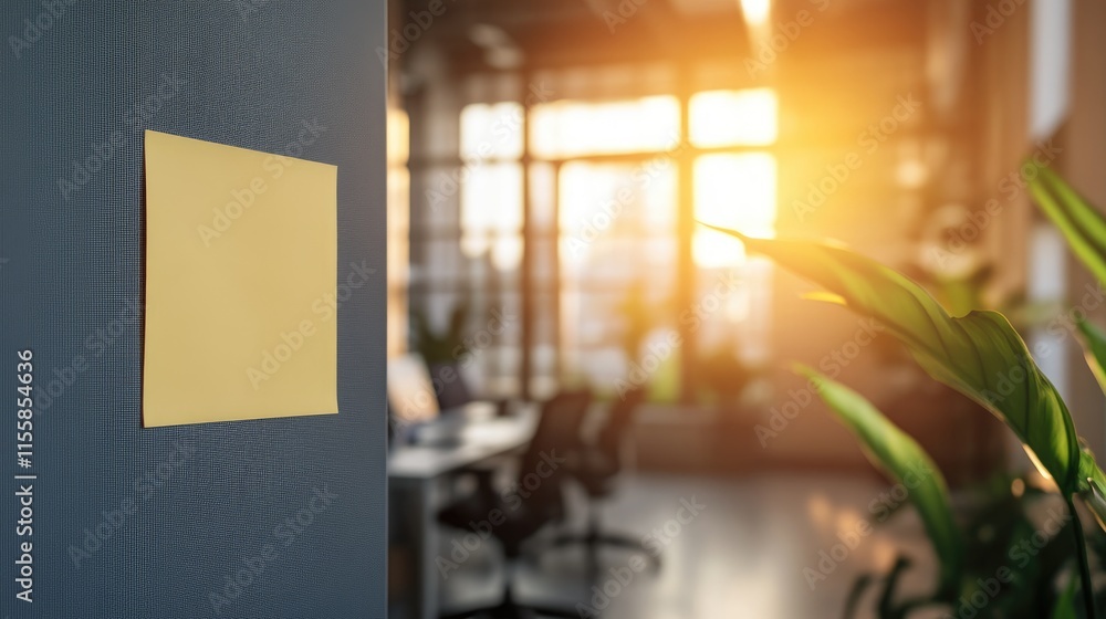 Poster blank sticky note on a wall in a bright office setting with natural light and empty space for adding