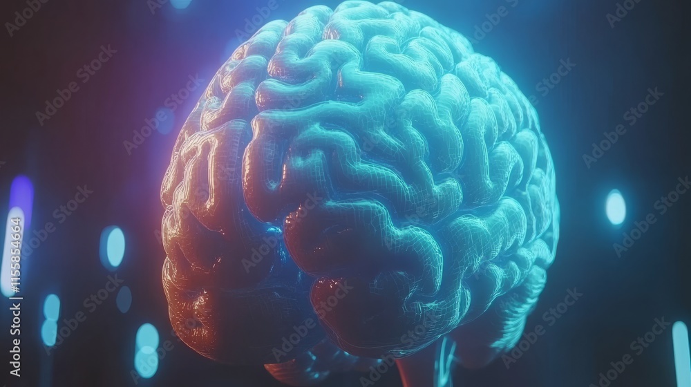 Poster a 3d rendition showcasing stock hardware. a glowing blue brain circuit on a microchip located on a c