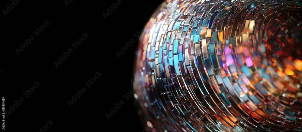 Poster close up of a shimmering disco ball with bright colors and negative space for text and design elemen