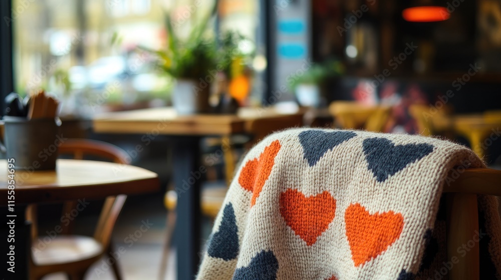 Poster cozy cafe atmosphere featuring a heart patterned blanket on a chair with inviting empty space for pr