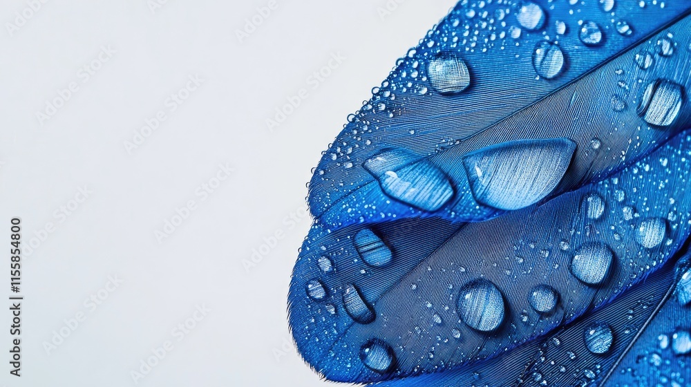 Poster blue feather macro with water droplets on a soft background featuring ample copy space for text or d