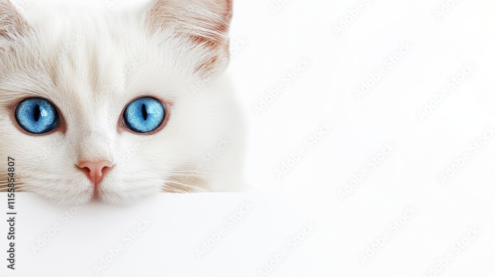 Poster Blue eyed white cat with soft fur looking curiously over a blank space ideal for adding text or captions in a clean minimalistic design