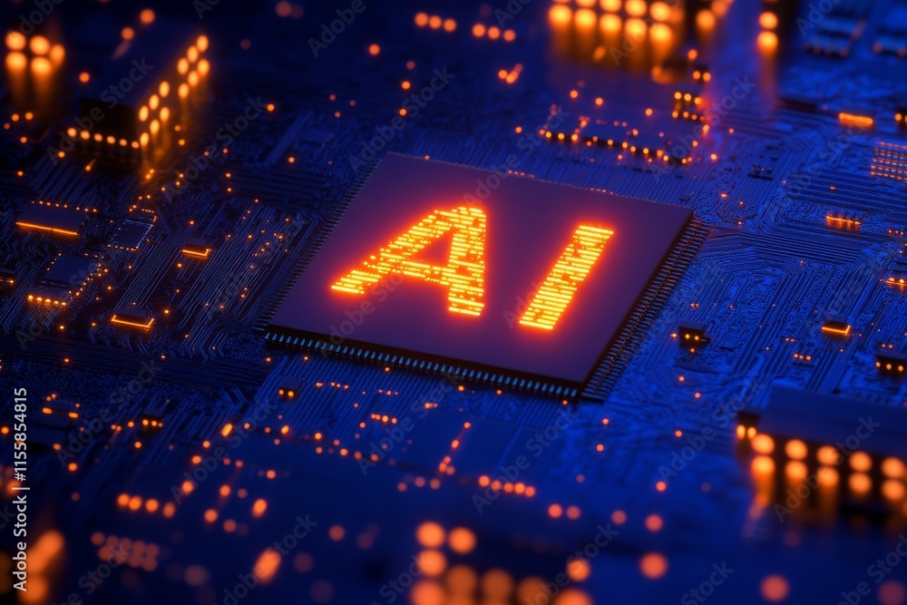 Poster 3d rendering of a glowing ai stock technology chipset cpu on a circuit board, showcasing electronic 