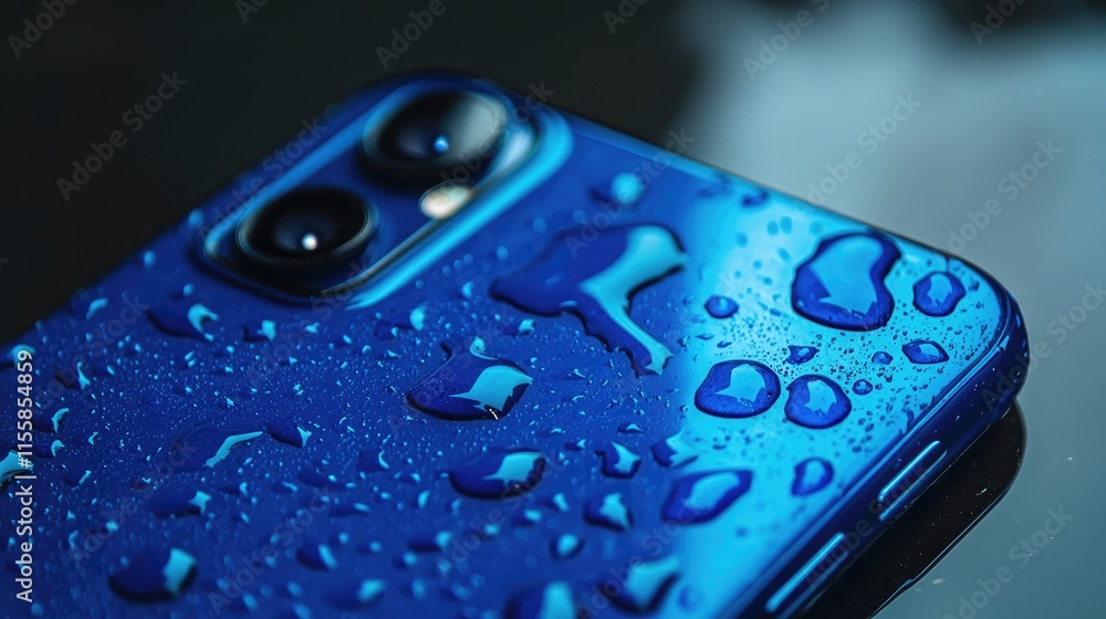 Poster close up of a blue smartphone with water droplets stylish design on reflective surface with empty sp
