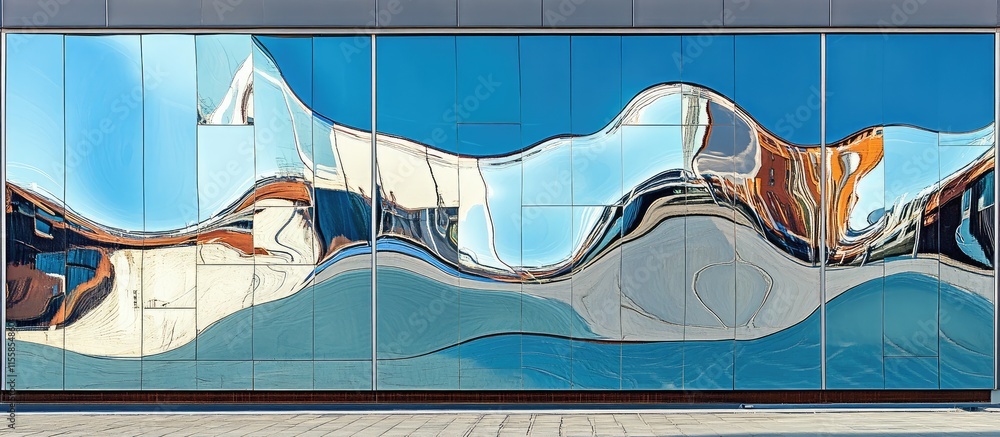 Poster urban reflections on abstract facade featuring wavy shapes and clear copyspace for text usage