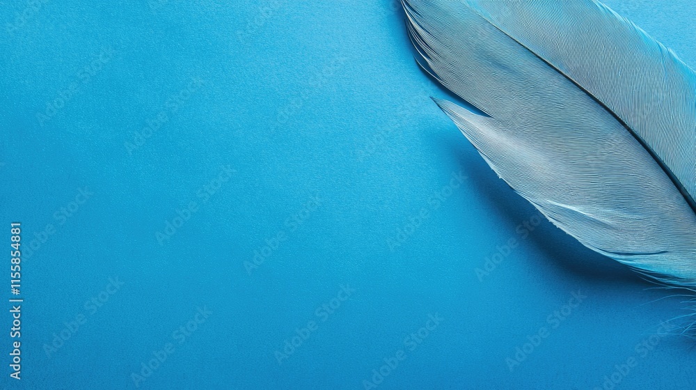 Poster delicate blue feather texture on a smooth blue background with ample empty space for creative text o