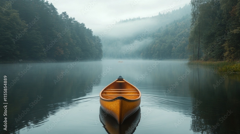 Wall mural Beautiful landscape with a yellow canoe on calm water surrounded by mountains