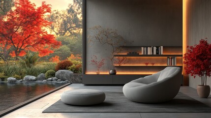 Modern minimalist living room with Japanese garden view.