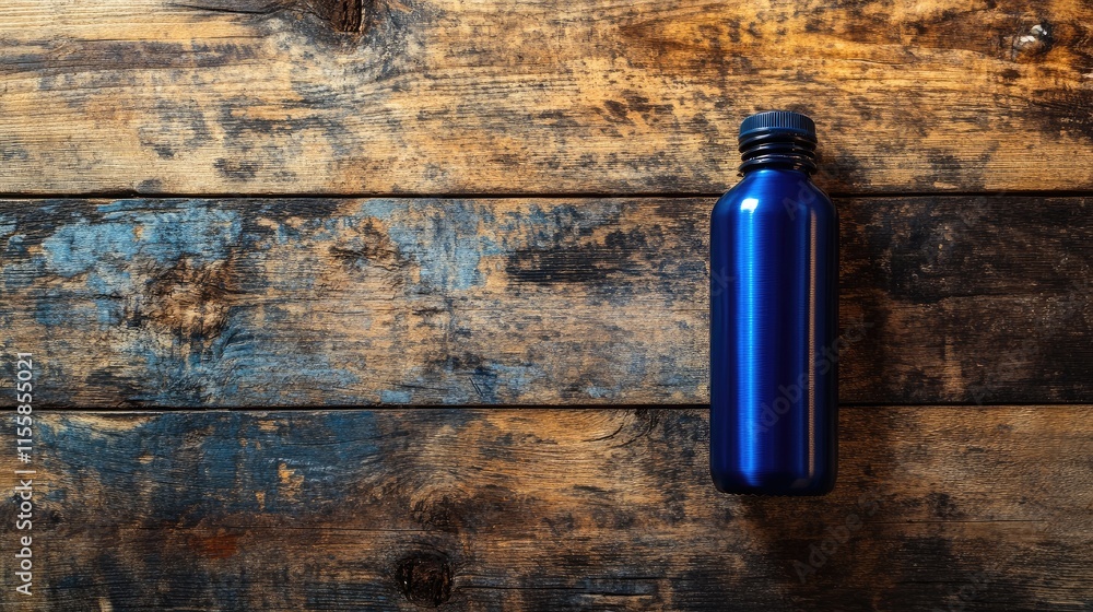 Poster blue water bottle on a weathered wooden surface with ample space for customizing text or branding. p