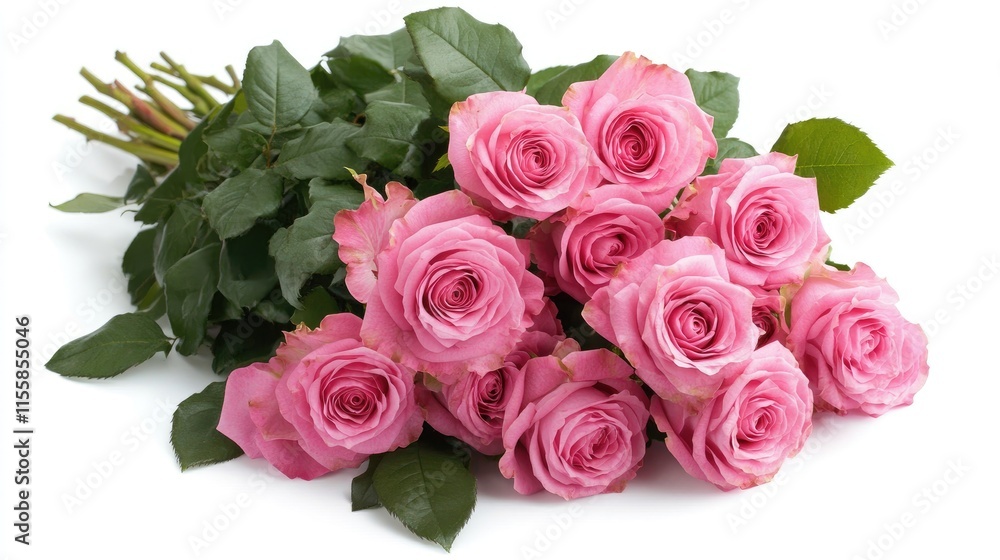 Poster pink roses bouquet surrounded by green leaves on a white background with ample empty space for text 