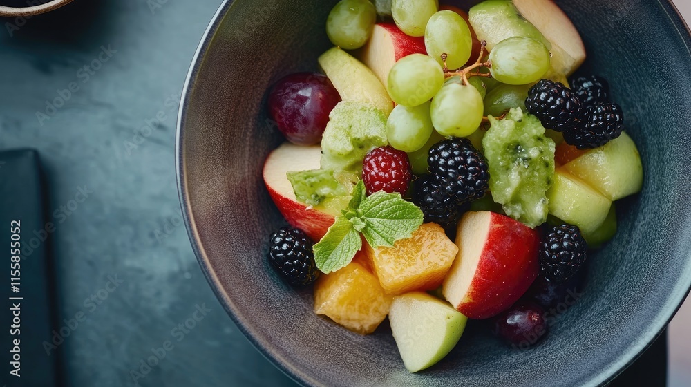 Aufkleber fresh fruit salad in bowl with grapes apples and blackberries top view on dark background with space