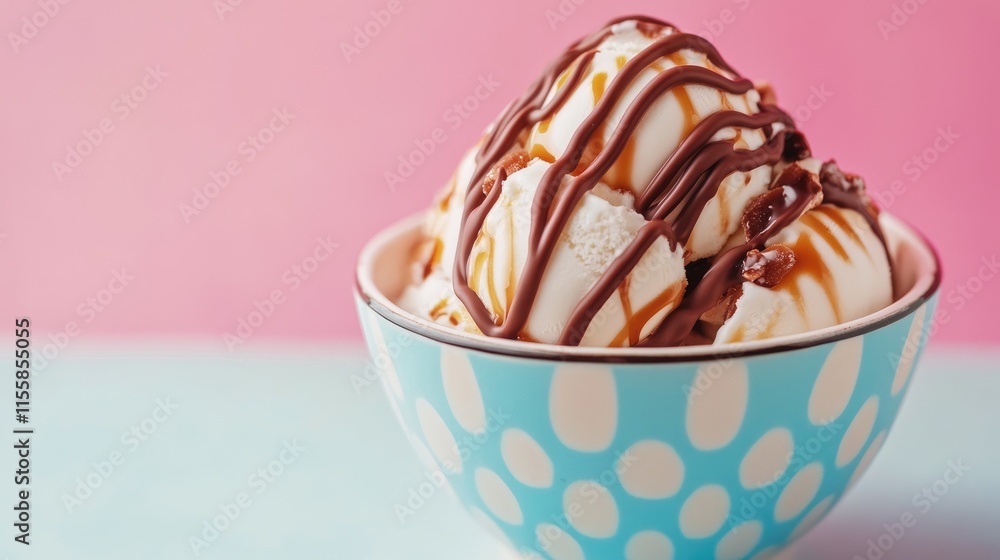 Aufkleber bowl of ice cream with chocolate and caramel drizzle on vibrant background with space for text showc