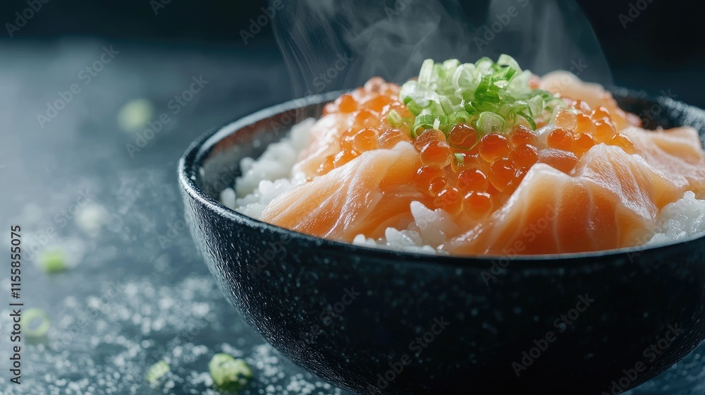 Aufkleber bowl of freshly made sushi with salmon and roe on dark background with steam and empty space for tex