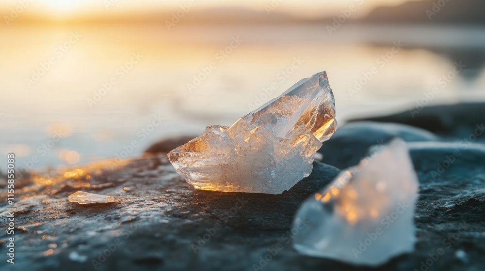 Poster Close up of a broken quartz crystal on a rocky surface with soft sunlight and empty copy space for creative text or branding purposes