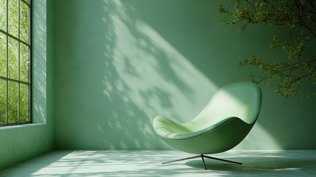 Modern, minimalist, mint green interior with sunlit shadows and a comfortable armchair.