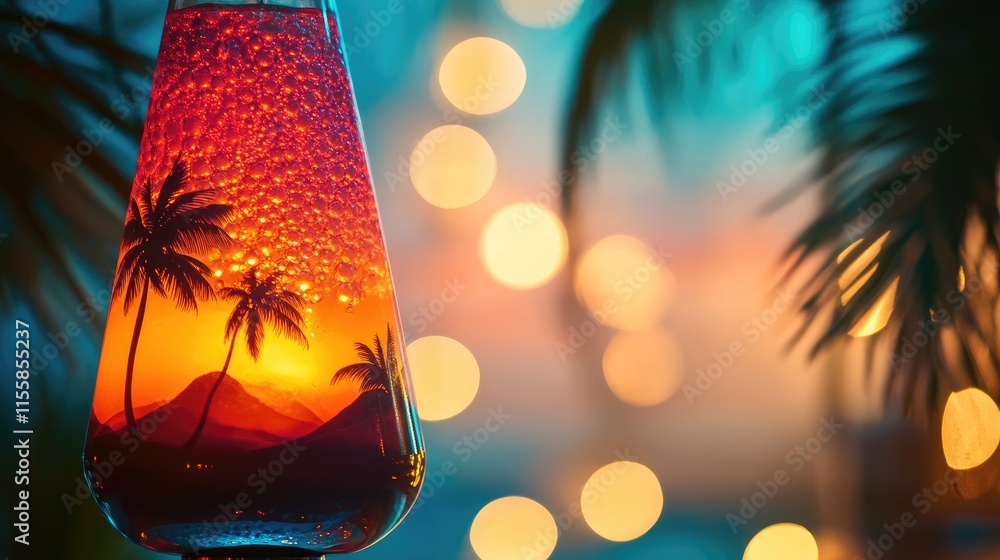 Poster tropical lava lamp with bubble formation and palm tree silhouette creating an enchanting atmosphere 