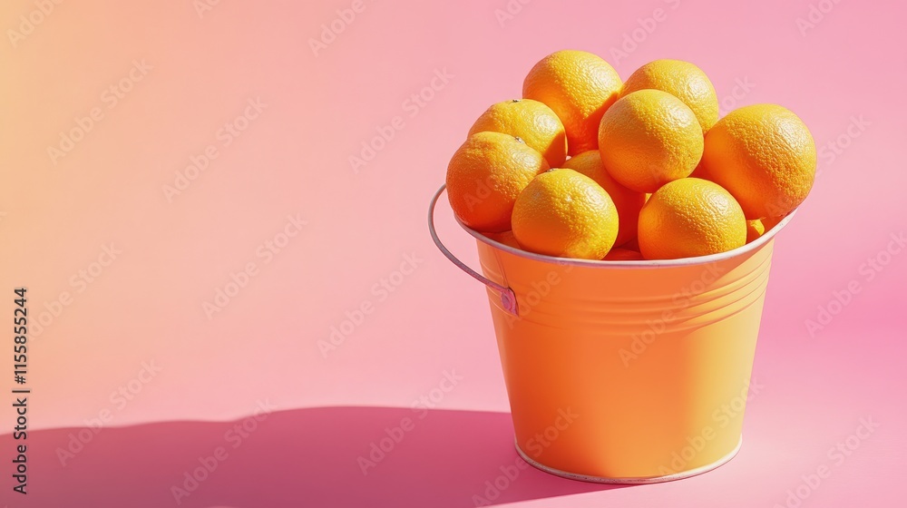 Aufkleber bucket of fresh oranges bathed in soft morning light with vibrant pastel background and ample empty 